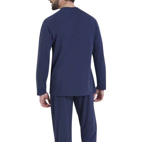Pyjama en coton marine pourvu d'un col boutonné et de manches longues - Image 3