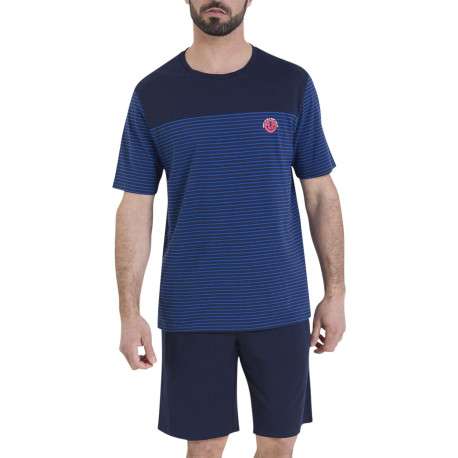 Pyjama short en coton bleu rayé pourvu d'un col rond et de manches courtes