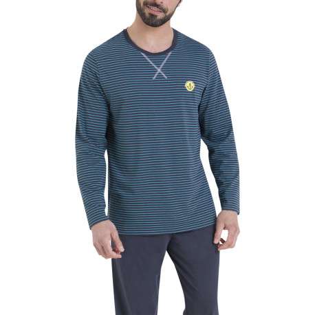Pyjama en coton bleu rayé pourvu d'un col rond et de manches longues