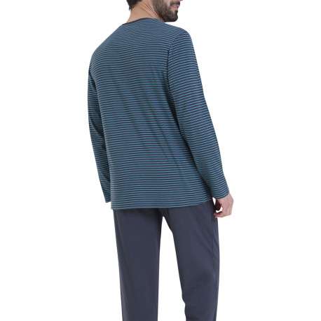 Pyjama en coton bleu rayé pourvu d'un col rond et de manches longues - Image 3