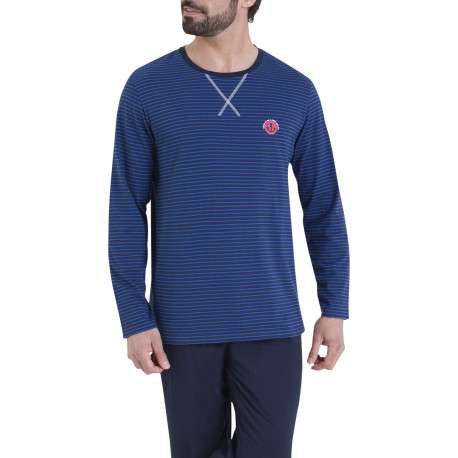 Pyjama en coton bleu marine rayé pourvu d'un col rond et de manches longues