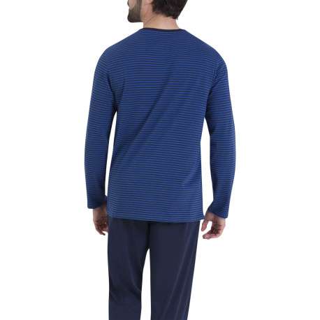 Pyjama en coton bleu marine rayé pourvu d'un col rond et de manches longues - Image 3