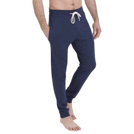 Pyjama en coton marine et bleu clair pourvu d'un col rond et de manches longues - Image 2