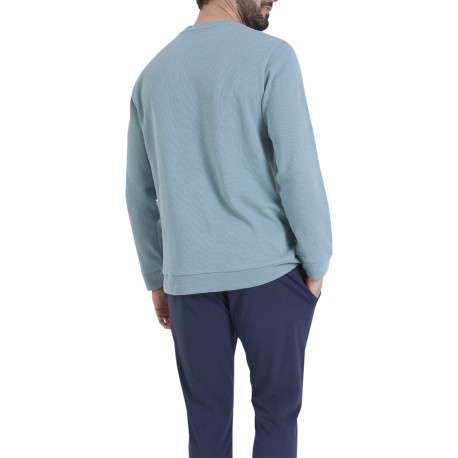 Pyjama en coton marine et bleu clair pourvu d'un col rond et de manches longues - Image 3