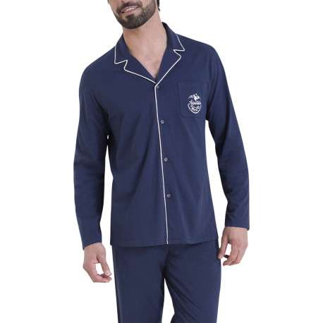 Pyjama chemise en coton marine pourvu d'un col tailleur et de manches longues