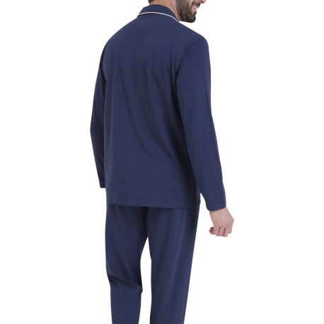 Pyjama chemise en coton marine pourvu d'un col tailleur et de manches longues - Image 3