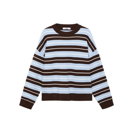 Pull marron et bleu rayé avec une coupe ample et un col rond