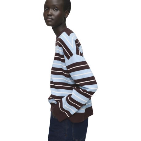 Pull marron et bleu rayé avec une coupe ample et un col rond - Image 6