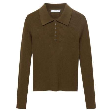 Pull kaki en maille côtelée avec une coupe ajustée et un col polo boutonné