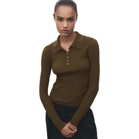 Pull kaki en maille côtelée avec une coupe ajustée et un col polo boutonné - Image 6