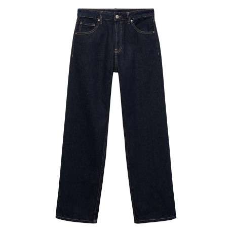Jean 5 poches en coton indigo uni avec une coupe droite et surpiqûres beiges