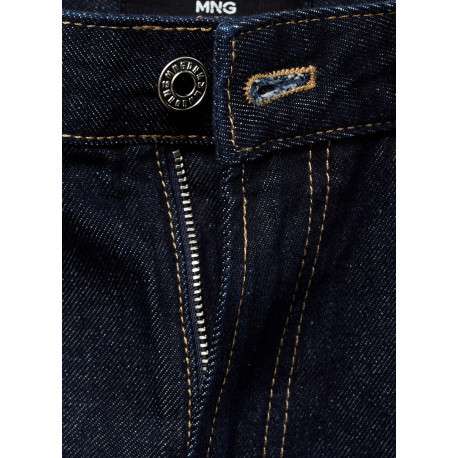 Jean 5 poches en coton indigo uni avec une coupe droite et surpiqûres beiges - Image 3