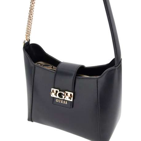 Sac porté à l'épaule noir uni avec logo de la marque en pièces métalliques - Image 3