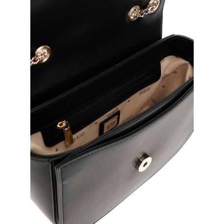 Sac noir uni avec bandoulière noire et dorée et logo de la marque - Image 4