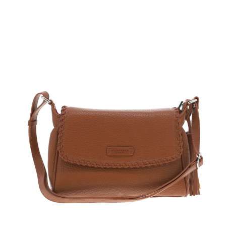 Sac bandoulière camel uni avec pression et patch du logo de la marque