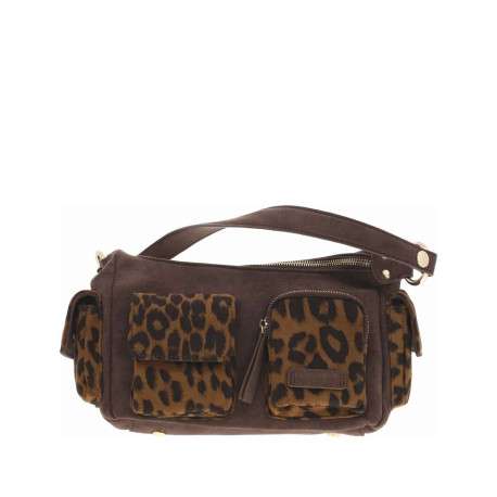 Sac porté épaule marron avec motifs léopards sur les poches de devant et côtés
