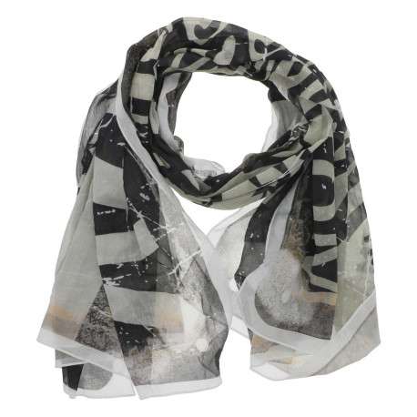 Foulard en coton blanc transparent avec des imprimés noirs et rouges