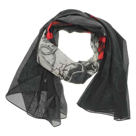 Foulard en coton noir transparent avec des imprimés rouges et blancs