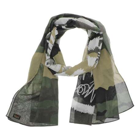 Foulard kaki en coton transparent à motif camouflage et logo blanc