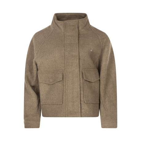 Veste taupe uni coupe ajustée pourvue d'un col montant et de manches longues