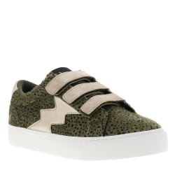 Tennis kaki à talon plat pourvues de bandes auto-agrippantes pailletées dorées