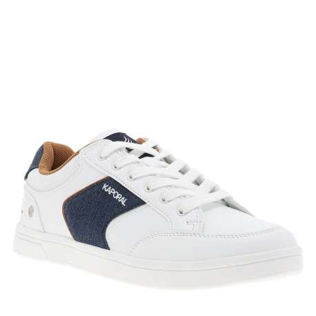 Tennis blanches avec des détails bleus denim à semelle plate et à lacets plats - Image 4
