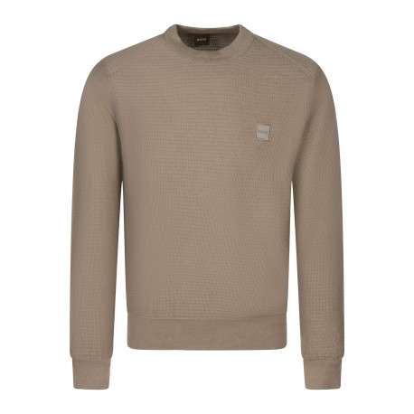 Pull en coton taupe uni à coupe ajustée avec un col rond et un logo brodé