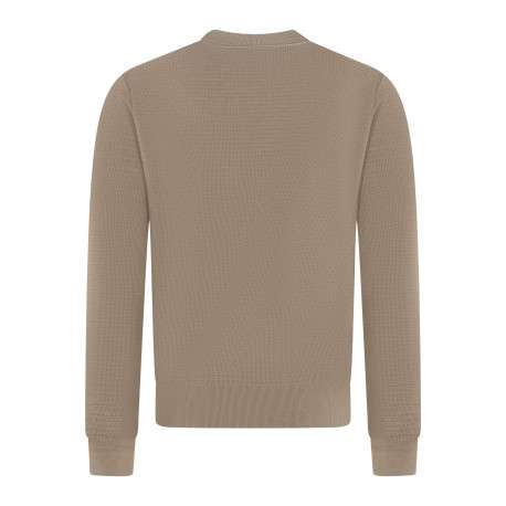 Pull en coton taupe uni à coupe ajustée avec un col rond et un logo brodé - Image 2