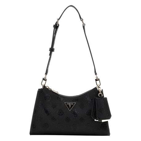 Sac bandoulière noir avec monogrammes gravés et logo métallique