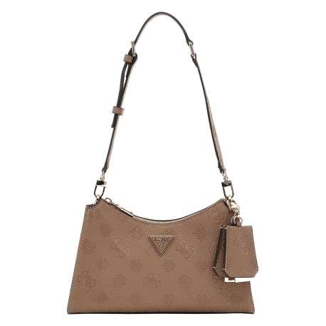Sac bandoulière taupe avec monogrammes et logo en pièce métallique