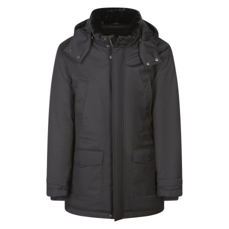 Parka longue noire unie à coupe droite avec un col montant à capuche et 4 poches