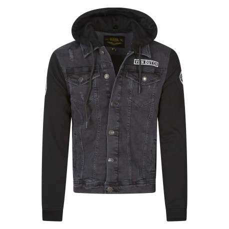 Blouson en jean en coton noir délavé avec un col à capuche et 4 poches