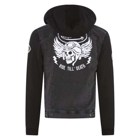 Blouson en jean en coton noir délavé avec un col à capuche et 4 poches - Image 2