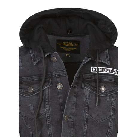Blouson en jean en coton noir délavé avec un col à capuche et 4 poches - Image 4