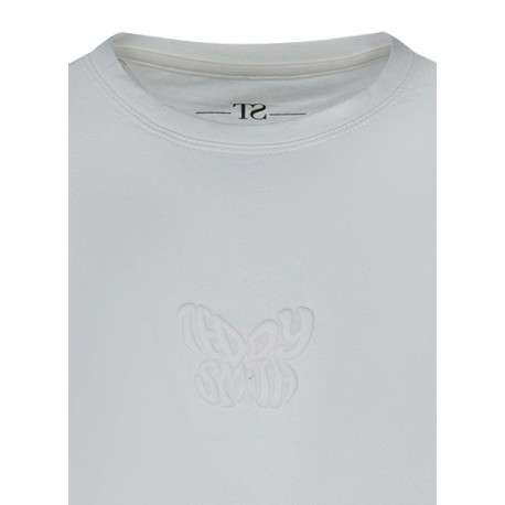 T-shirt en coton blanc uni avec une coupe droite et un col rond - Image 3