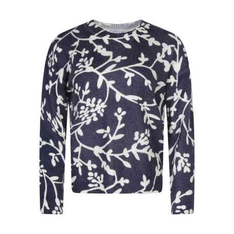 Pull bleu et écru à imprimé floral avec un col rond et des manches longues