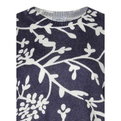 Pull bleu et écru à imprimé floral avec un col rond et des manches longues - Image 3
