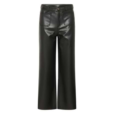 Pantalon noir enduit avec une coupe bootcut et 4 poches plaquées