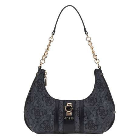 Sac porté épaule noir avec un imprimé monogramme et un logo métallique doré