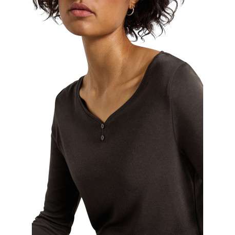 T-shirt chocolat uni pourvu d'un col cœur et de manches longues - Image 4