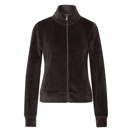 Sweat brun en maille côtelée effet velours pourvu d'un col montant