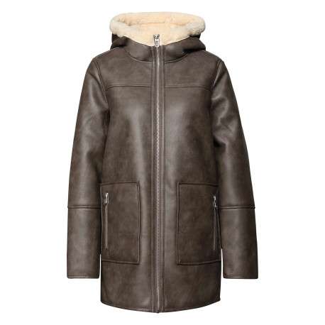 Manteau marron uni pourvu d'un col à capuche et de manches longues