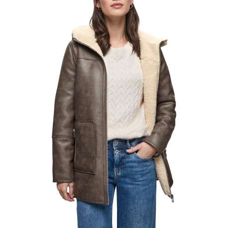 Manteau marron uni pourvu d'un col à capuche et de manches longues - Image 2