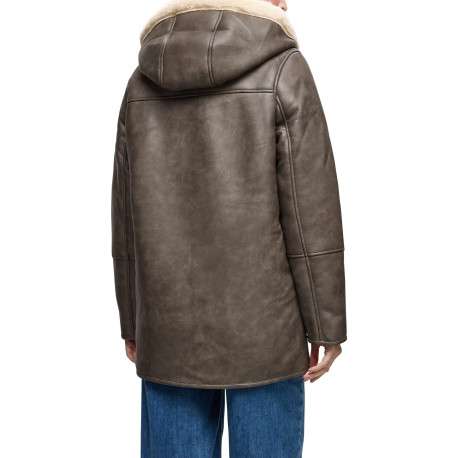Manteau marron uni pourvu d'un col à capuche et de manches longues - Image 3