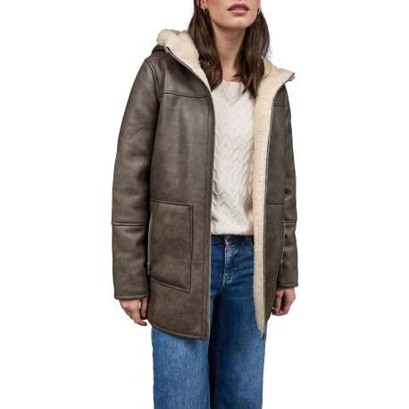 Manteau marron uni pourvu d'un col à capuche et de manches longues - Image 5