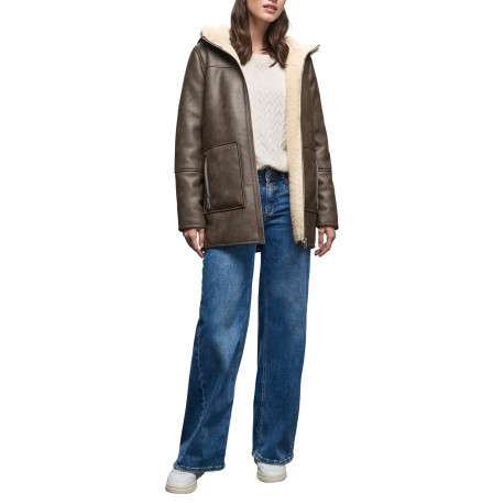 Manteau marron uni pourvu d'un col à capuche et de manches longues - Image 6