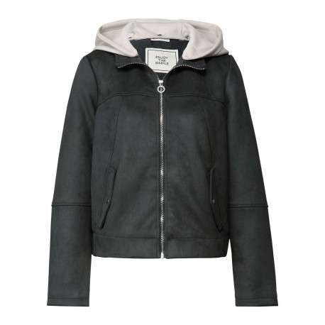 Blouson anthracite uni pourvu d'une capuche amovible et d'une fermeture zippée