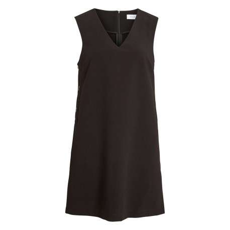 Robe courte noire sans manches pourvue d'un col v et de boutons décoratifs