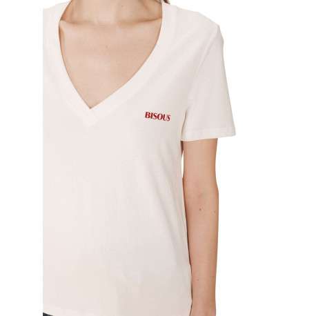 T-shirt en coton ivoire imprimé avec une coupe droite et un col v profond - Image 5