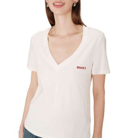 T-shirt en coton ivoire imprimé avec une coupe droite et un col v profond - Image 7
